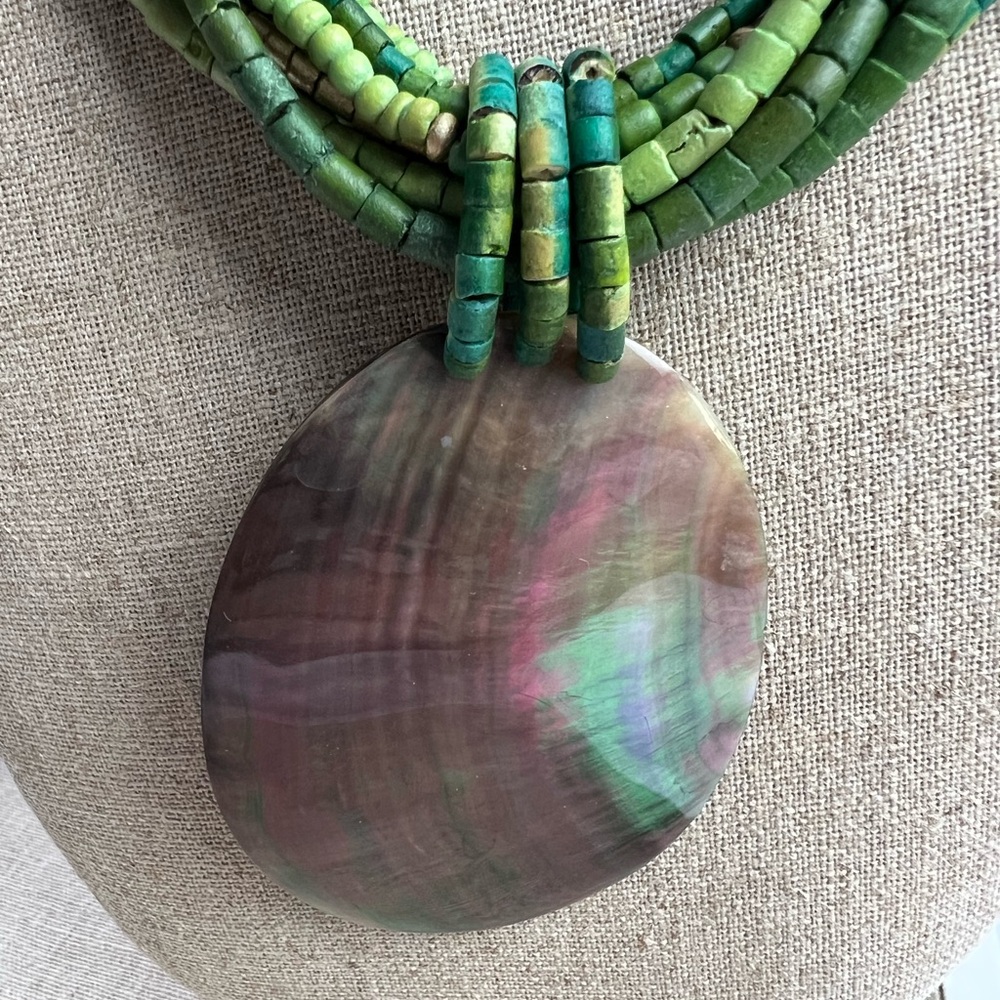 Shell Pendant & Small Green Gold Wood Beads Vacation Costal Beach Boho Necklace